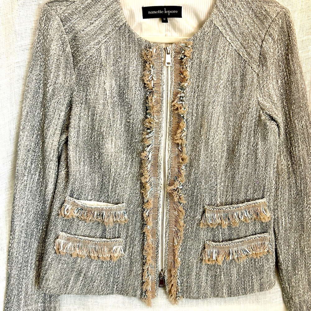Nanette Lepore Gray Tweed Fringe Blazer Jacket